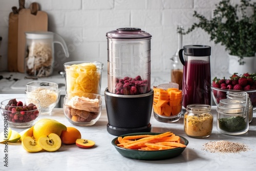 smoothie preparation with ingredients and blender in view, created with generative ai
