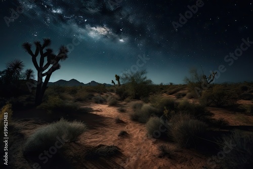 magical nighttime desert with stars and moon shining overhead, created with generative ai