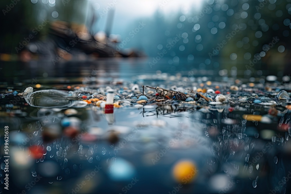 macro shot of microplastic debris floating in a lake, created with generative ai