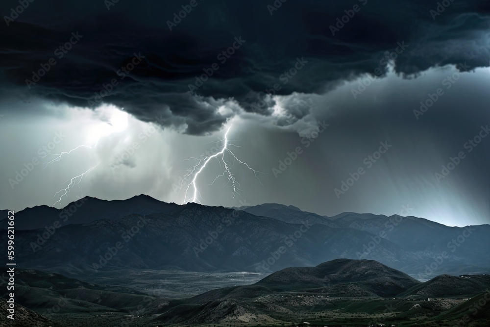 stormy sky and mountains, with dramatic clouds and lightning, created with generative ai
