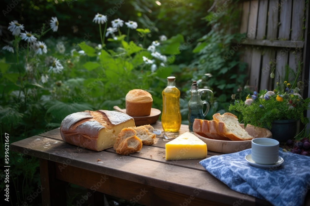 Fototapeta premium freshly baked loaf of bread, butter and cheese on wooden table in the garden, created with generative ai