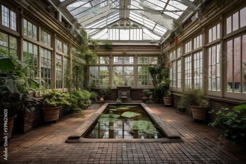 conservatory, with view of gardens and reflecting pool, created with generative ai
