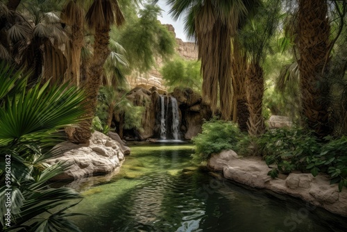 desert oasis with waterfall  surrounded by greenery  created with generative ai