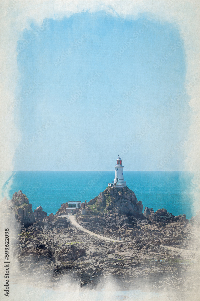 Digital watercolour painting of La Corbiere lighthouse, St Brelade, Jersey, Channel Islands.