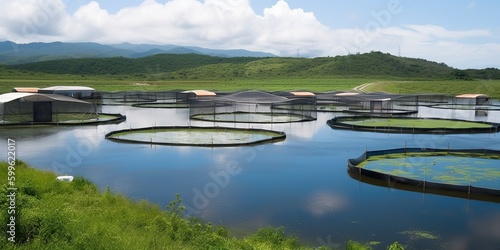 Fényképezés Aquaculture farm with a series of fish-filled ponds, illustrating modern sustain