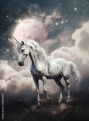 Generative AI  a White unicorn riding in a  pink landscape with mountain and big moon