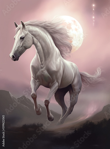 Generative AI  a White horse riding in a  pink landscape with mountain and big moon