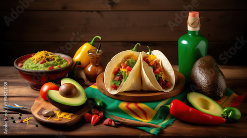 Composition with Mexican traditional food, maracas on grunge table, light background,. AI Generative