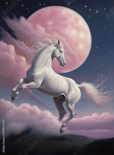 Generative AI  a White unicorn riding in a pink landscape with mountain and big moon