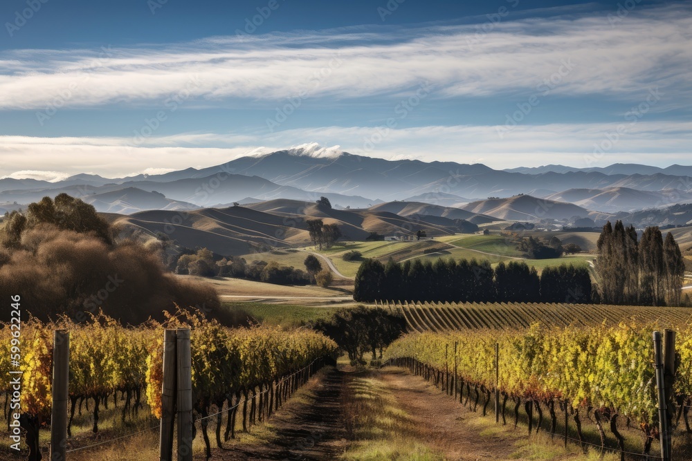 vineyard with rolling hills and mountain range in the background, created with generative ai
