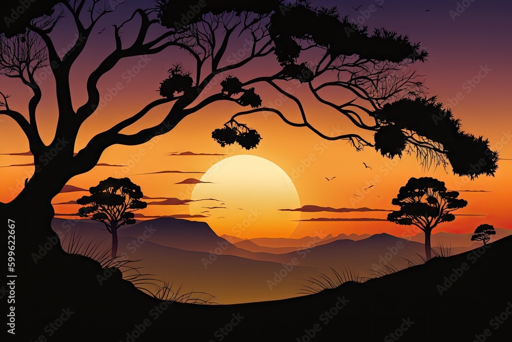 peaceful sunset, with silhouette of trees and rolling hills in the background, created with generative ai