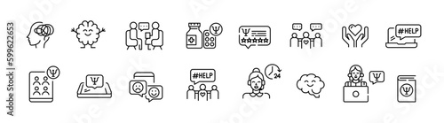 Mental health and psychology help icons. Pixel perfect, editable stroke icons set