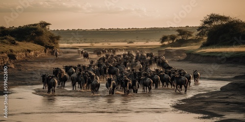 A herd of wildebeest crossing a river during migration season, concept of Animal Migration Patterns, created with Generative AI technology photo