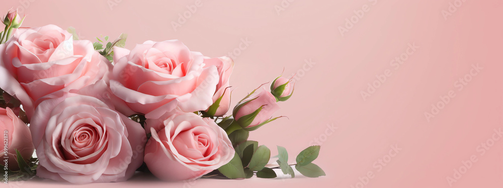 Pink Summer Banner. Bouquet of pink roses on pink background. Mothers day concept. Copy space, top view. Pink Summer Banner. Bouquet of pink roses on pink background. Mothers day concept. Copy space, top view.