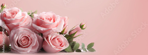 Pink Summer Banner. Bouquet of pink roses on pink background. Mothers day concept. Copy space, top view. © Got Pink?