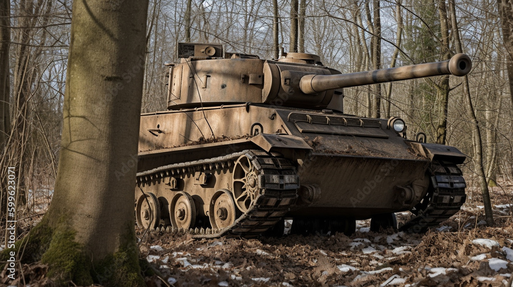 Illustration of a german world war 2 tank in a forest. Generative AI.