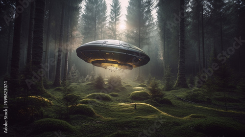 Unidentified flying object landing in a forest. Generative AI.