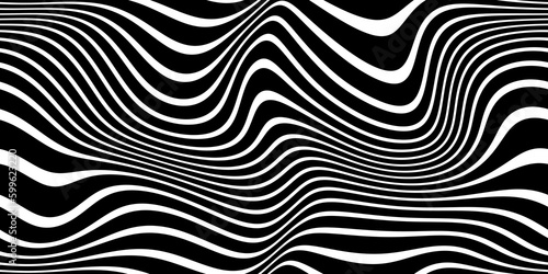 Seamless trippy psychedelic wavy warbled retro horizontal zebra stripes pattern. Vintage 70s and 80s vaporwave aesthetic art. Black and white horizontal surreal marbled wonky lines background texture.