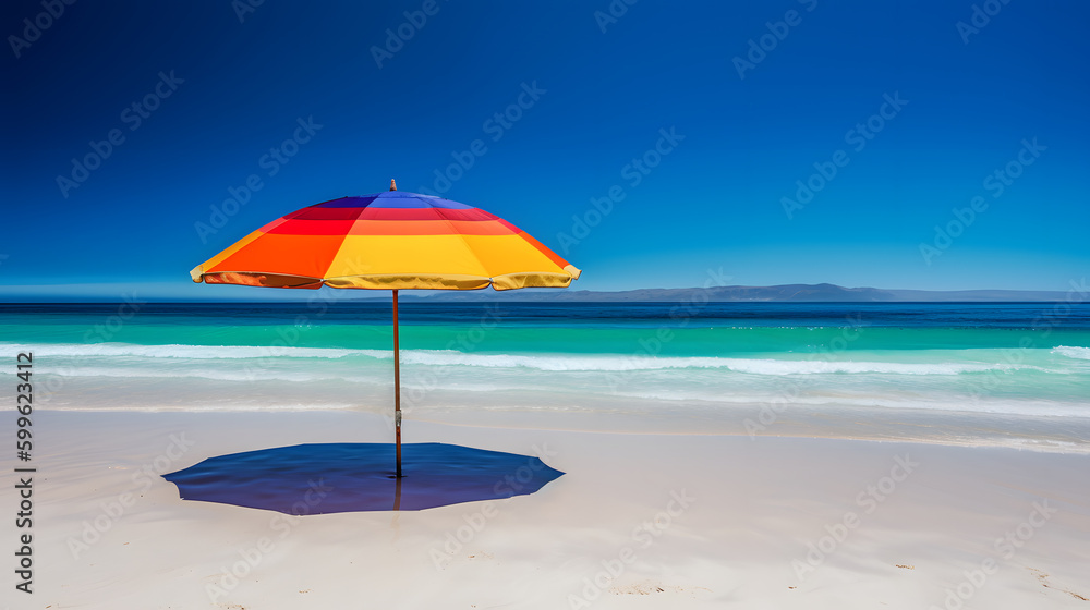 A vibrant and colorful beach umbrella stands tall on a pristine sandy beach with the clear blue ocean waves 