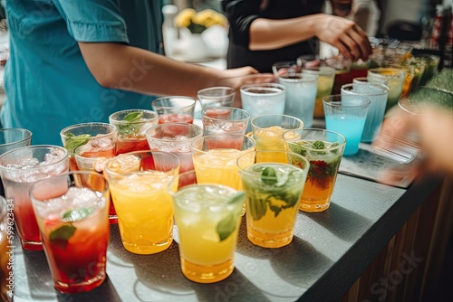 summer drinks party with friends and family, mixologists mixing up a variety of refreshing cocktails, created with generative ai