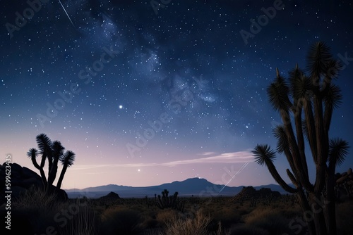 night sky with shooting stars and starlit desert landscape, created with generative ai