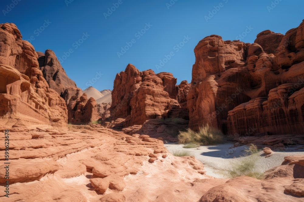 oasis surrounded by towering red rock formations and clear blue sky, created with generative ai