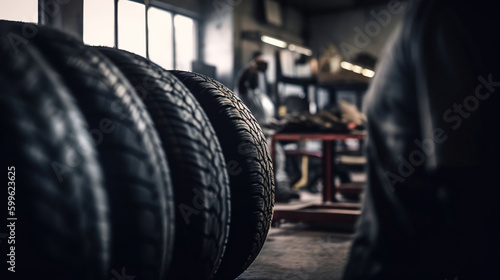 A mechanic holding car tire in automobile store. AI Generative