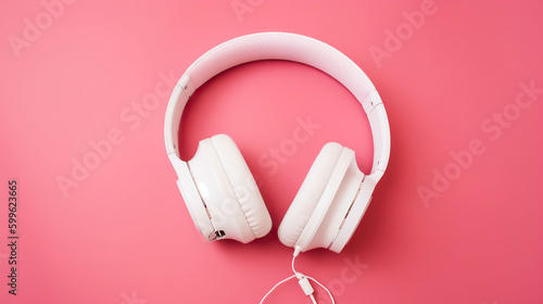 Minimalistic top view composition with white headphones on bright Pink background with a lot of copy space for your text. Close up, flat lay. AI Generative