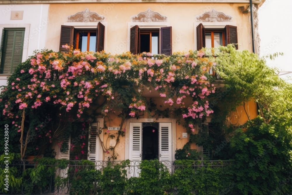 mediterranean house with vine-covered exterior, surrounded by blooming flowers and greenery, created with generative ai