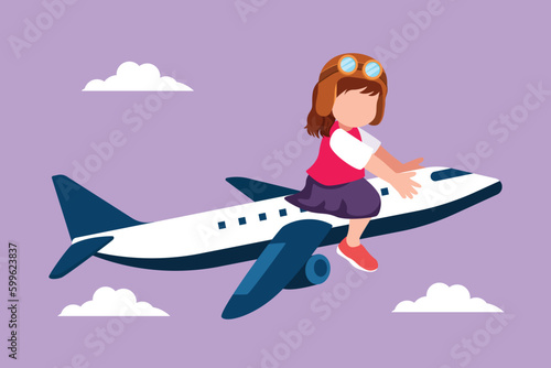 Cartoon flat style drawing pretty little girl riding small toy plane. Happy kids on airplane. Children riding electric toy airplane, summer journey, travel concept. Graphic design vector illustration