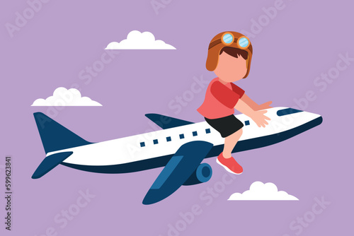 Graphic flat design drawing adorable little boy riding small toy plane. Happy kids on airplane. Children riding electric toy airplane, summer journey, travel concept. Cartoon style vector illustration