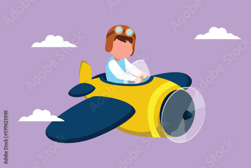Graphic flat design drawing little boy operating plane. Kids flying in airplane. Happy smiling kid flying plane like real pilot and dreaming of piloting profession. Cartoon style vector illustration