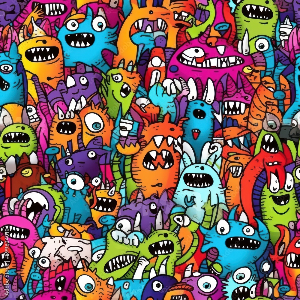 bright colored funny doodle drawn monster characters background seamless pattern
