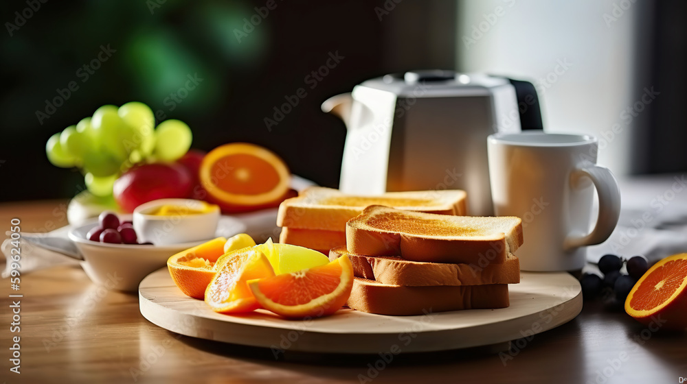 Served table for breakfast with toast, coffee and fruit, AI Generative