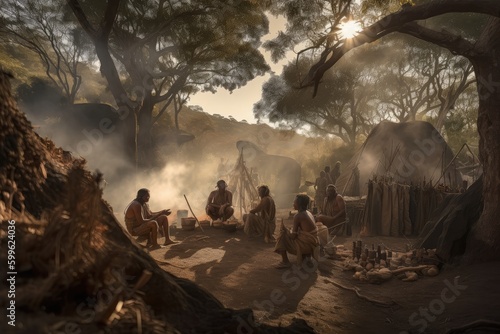 nomadic tribe living off the land, with members hunting and gathering in beautiful outdoor setting, created with generative ai