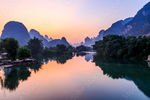 Beautiful mountain and water natural landscape in Guilin at sunset, Guangxi, China.