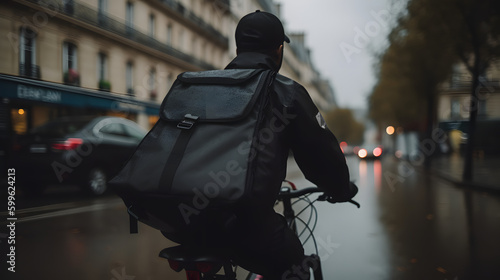Livreur à vélo, coursier dans la rue (AI) photo
