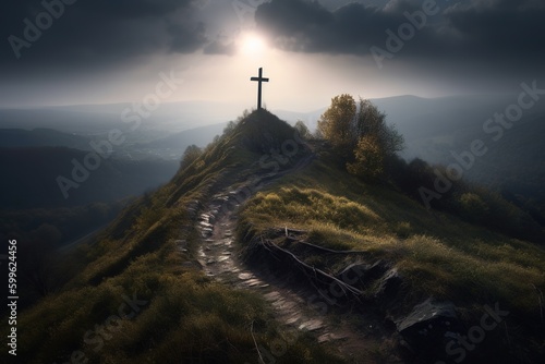 Obraz na płótnie a route that winds its way up to a cross perched on the summit of a hill