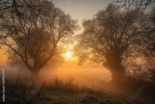 misty sunrise  with the sun rising over trees and mist  created with generative ai