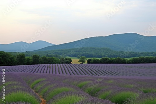 lavender field, with rolling hills and mountains in the background, created with generative ai