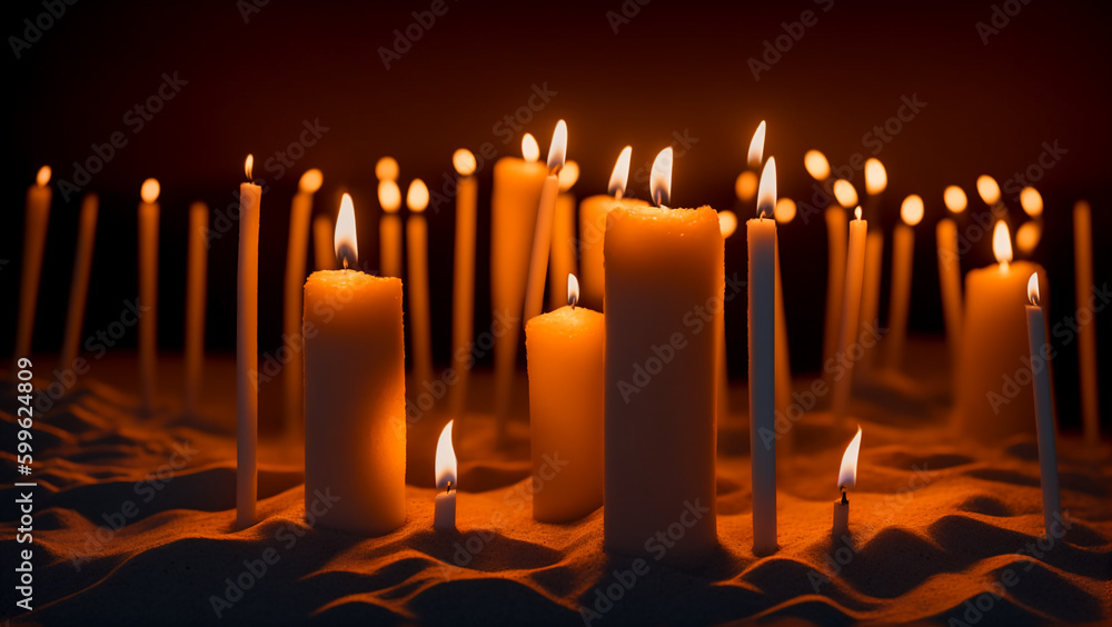 Many candles in beach sand at night generative AI image Many candles in beach sand at night generative AI image