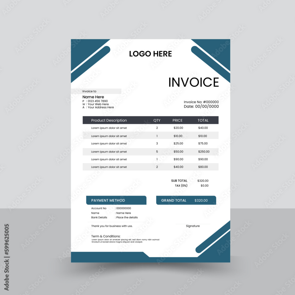 Business invoice form template. Invoicing quotes, money bills or price invoices and payment agreement design templates. Tax form, bill graphic or payment receipt page vector set 