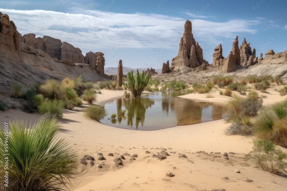 desert oasis, with view of dunes and towering rock formations in the distance, created with generative ai