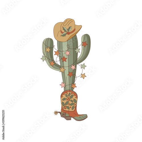 Cowboy Christmas cactus rodeo illustration isolated on white. Western Christmassy cacti clip art . Howdy Xmas festive peyote design element. 