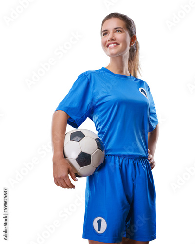  Portrait of young female soccer player with soccer ball standing on isolated Background. © Igor Link