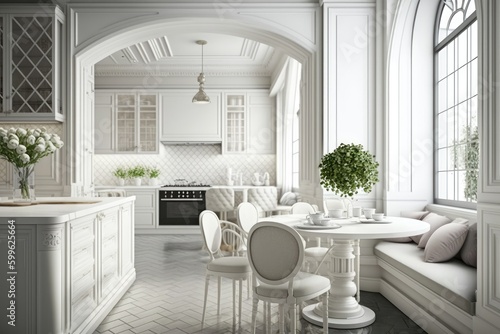 White kitchen in classic style with marble countertop
