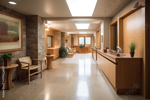 modern hospital with warm  natural accents  such as wooden furniture and stone floors  created with generative ai