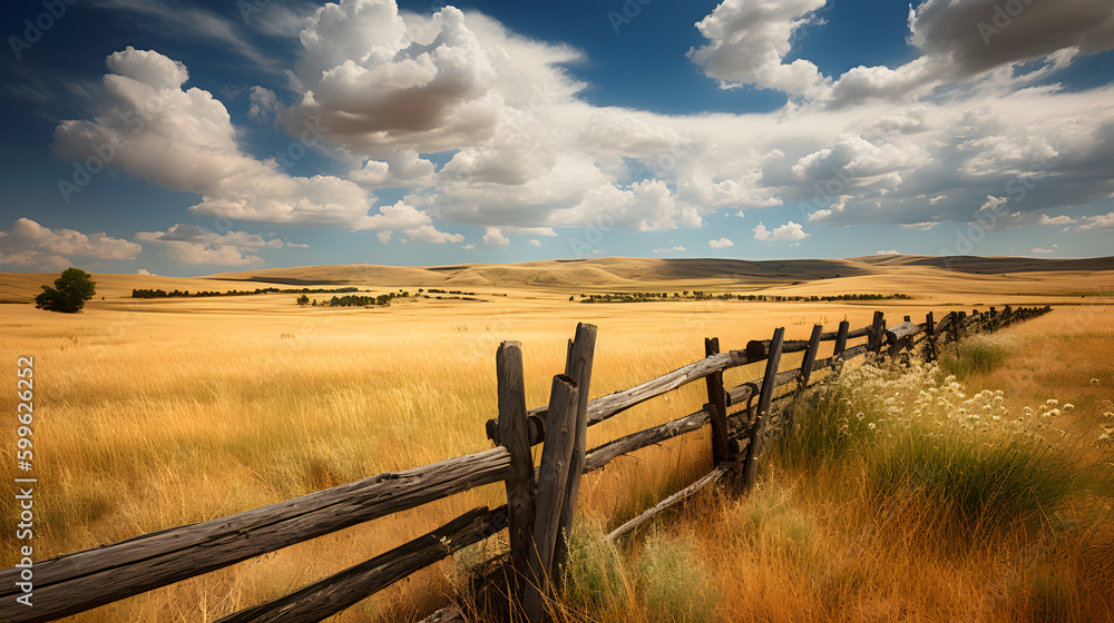 Φωτογραφία A picturesque and idyllic countryside scene featuring golden fields of wheat, rustic wooden fences, and a bright blue sky dotted with fluffy white clouds