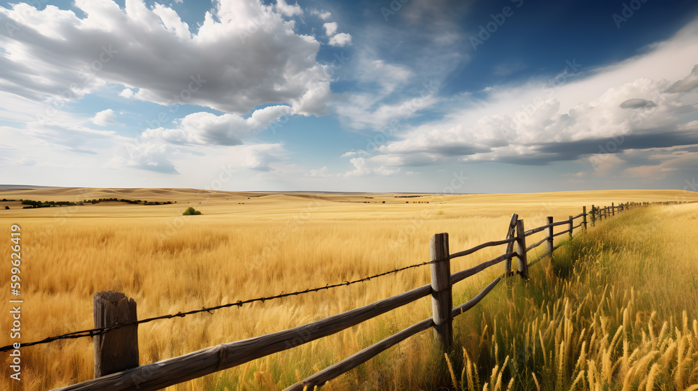 A picturesque and idyllic countryside scene featuring golden fields of wheat, rustic wooden fences, and a bright blue sky dotted with fluffy white clouds