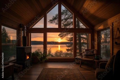 cozy cabin retreat with view of sunset over the lake, created with generative ai © Alfazet Chronicles